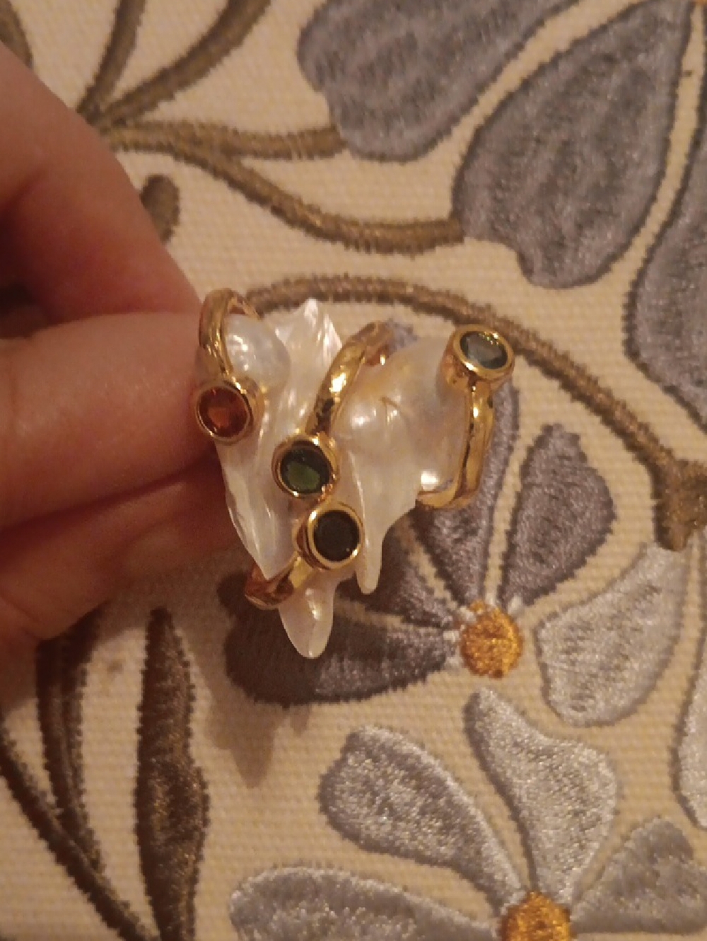 White Keshi Pearl and Simulated Multi Color Diamond 5.00 ctw Ring in Goldtone
